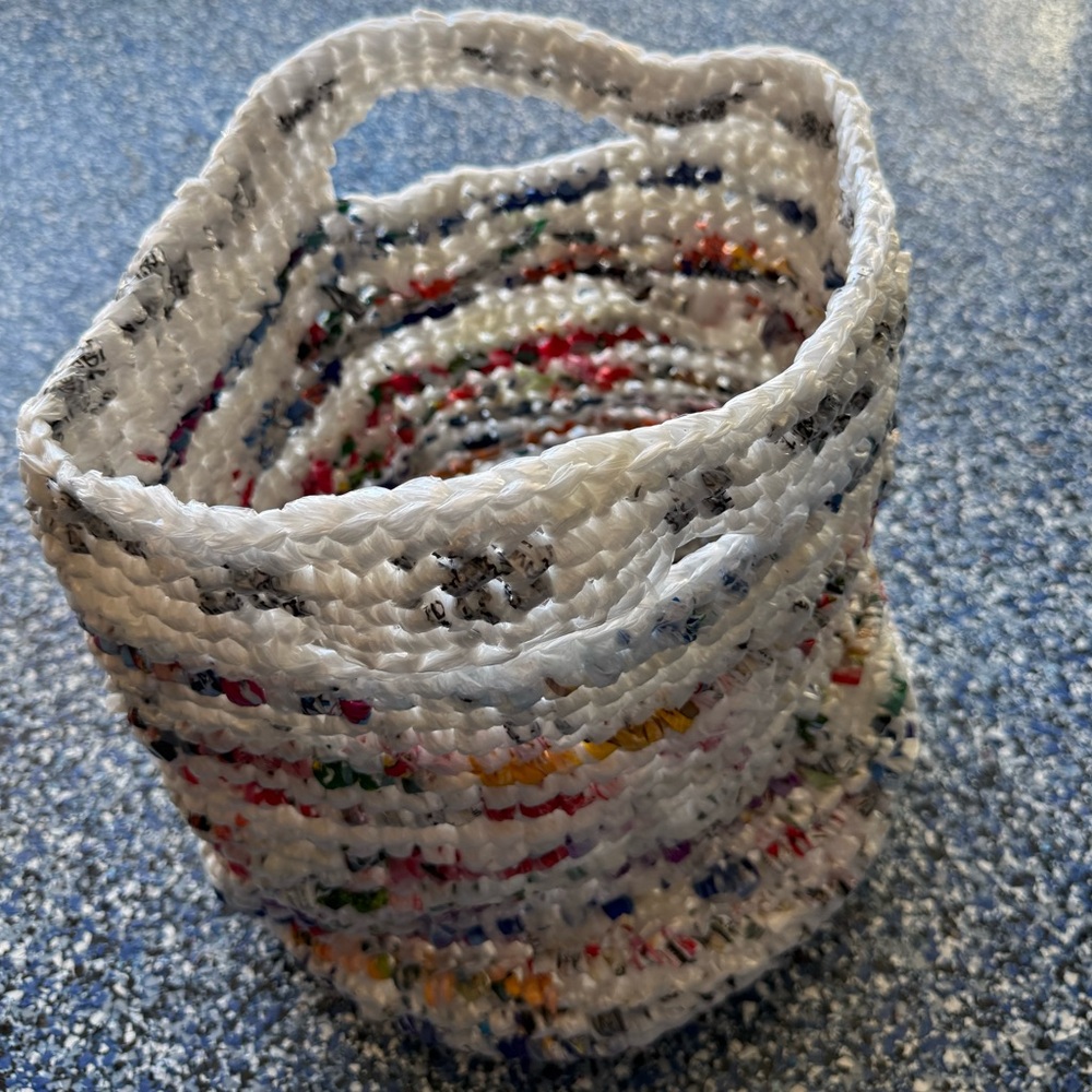 Handmade from repurposed plastic bags crocheted shopping basket laundry tote
